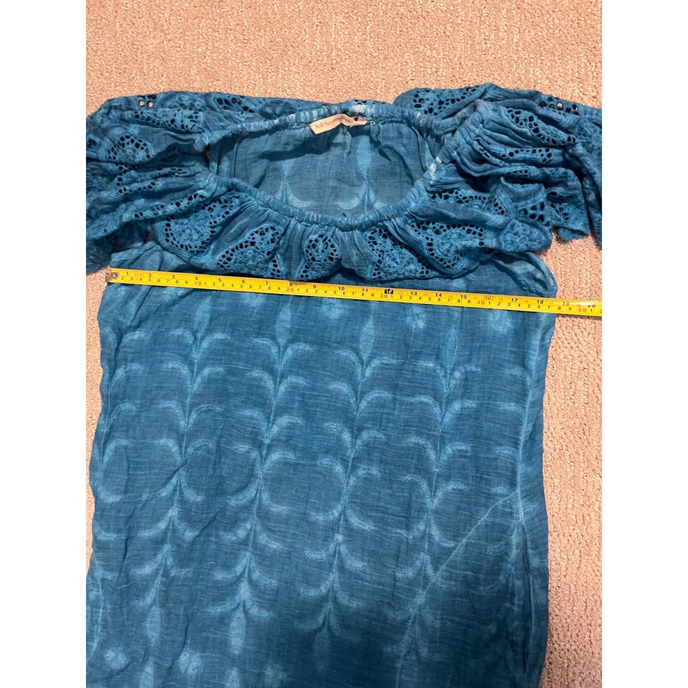 Turquoise Off-Shoulder Eyelet Lace Summer Dress with Ruffle Detail Midi Length - Picture 7 of 7